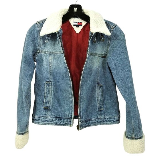 Tommy Hilfiger Kids Vintage Denim Jacket Blue Sz L Faux Sherpa Collar Cuffs Logo - Picture 7 of 13